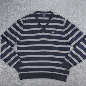 Brooks Brothers 346 Sweater Mens XL Blue Gray Striped V Neck Cotton Cashmere